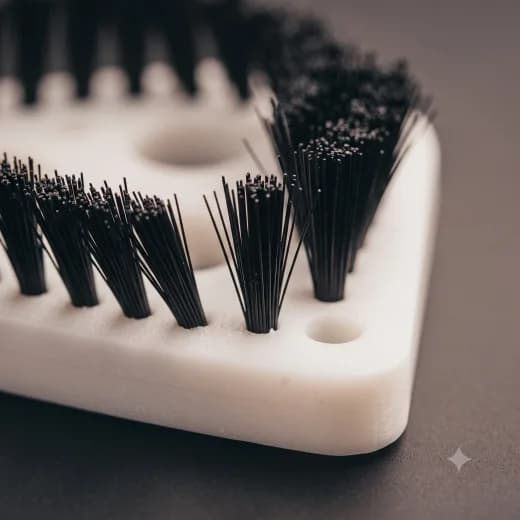 Close-up of black nylon bristle tufts set into a white sieve cleaner body
