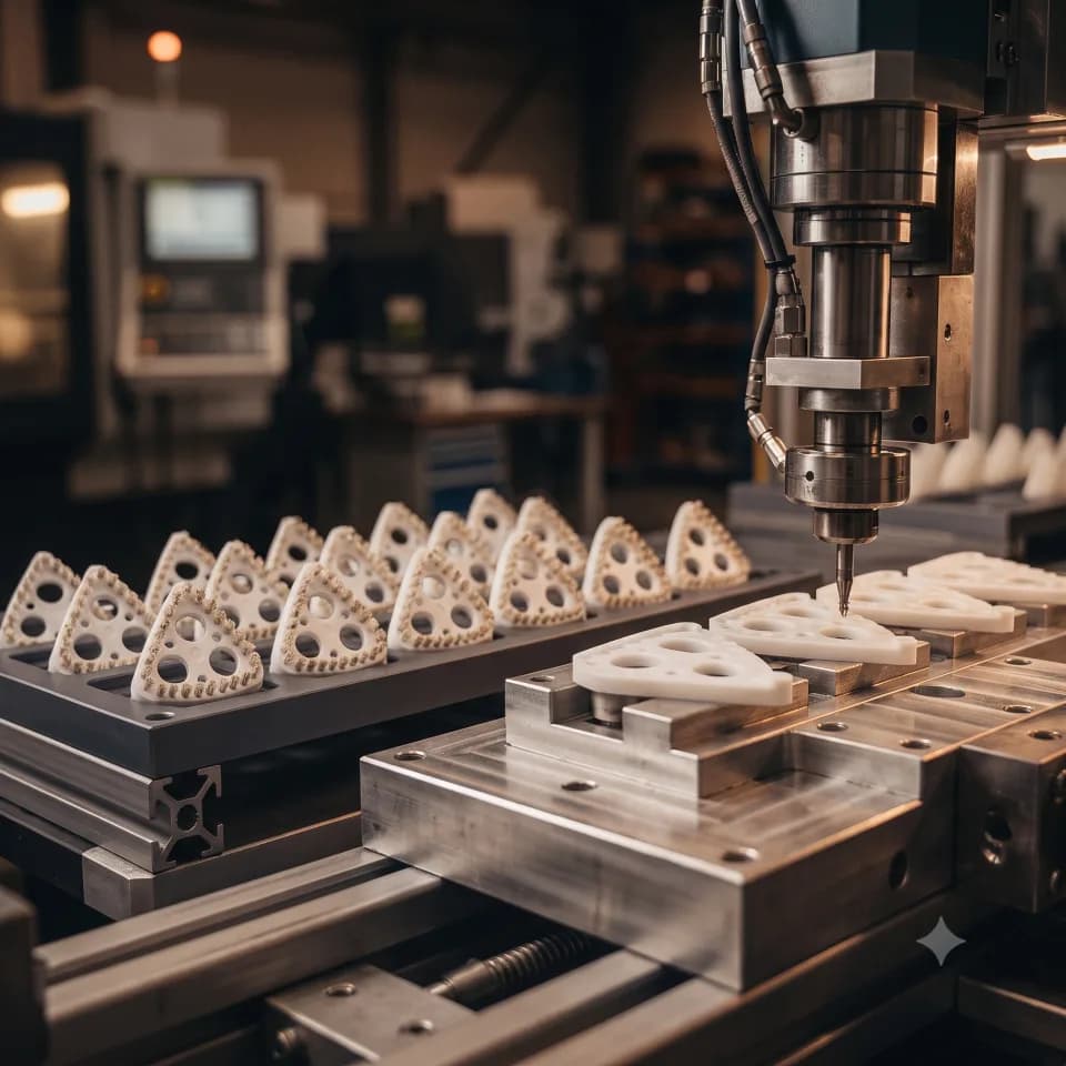 Triangular sieve cleaners being machined on a CNC mill, finished parts racked alongside