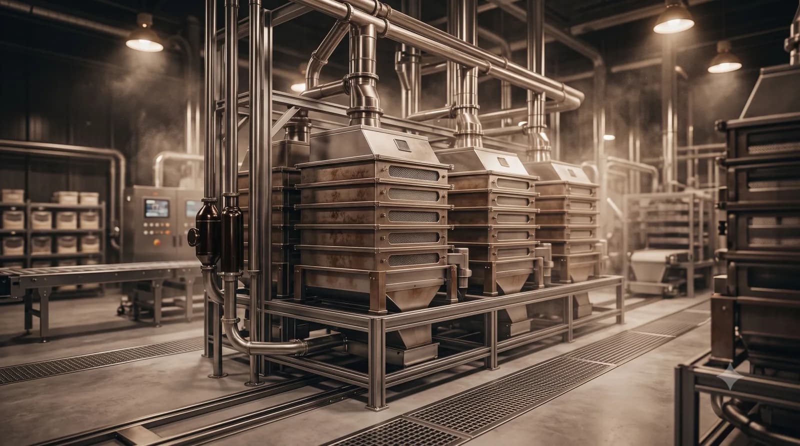 Plansifters running on a flour mill floor
